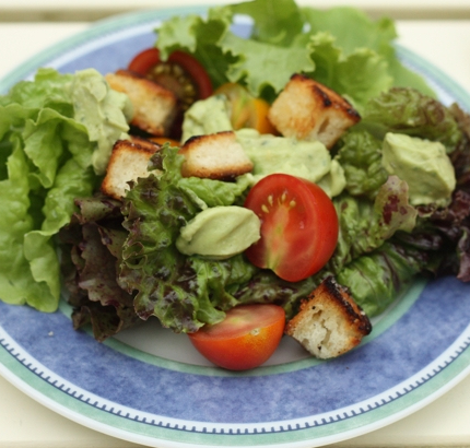 Salad with avocado dressing biscuit croutons #writes4food