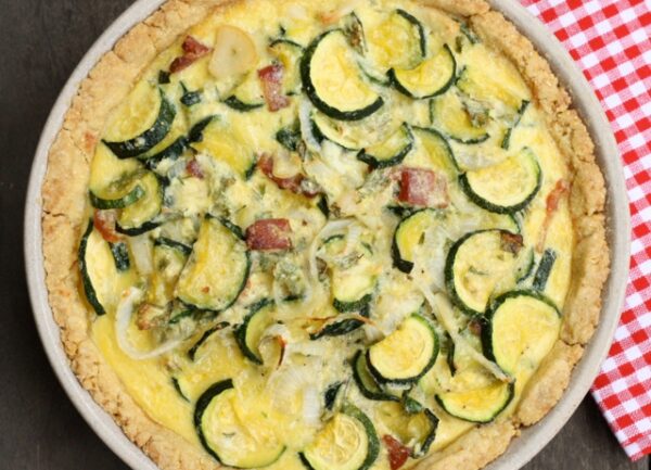recipe for zucchini and bacon pie in savory no-roll pie crust | writes4food.com