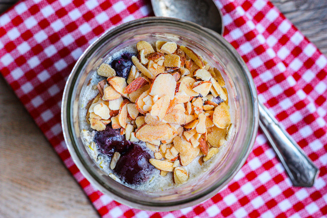 recipe for overnight oatmeal in a jar with almonds and cherries