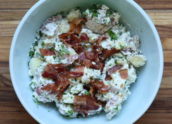 smashed potato salad with bacon and fresh herbs recipe | writes4food.com