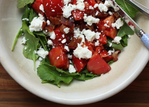 fresh tomato salad with goat cheese and warm bacon dressing recipe | writes4food.com