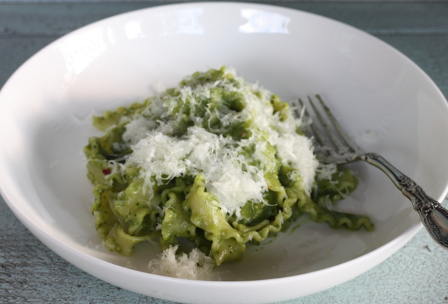pasta with swiss chard pesto and creme fraiche recipe | writes4food.com