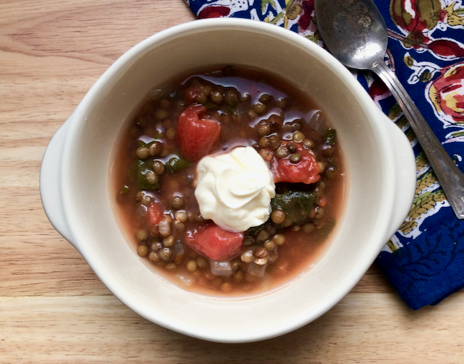 Lentil soup with tomatoes and greens recipe